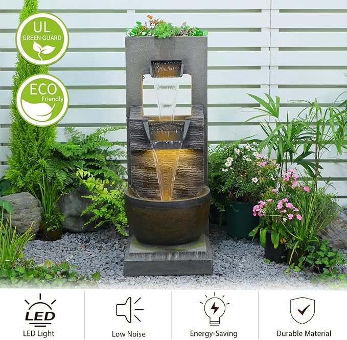 39" H Modern Indoor Fountain with LED Lights and Pump, 3-Tier Standing Cascading Waterfall - Modern Design for Garden/Patio/Yard, Multi-Level Outdoor Decor 15“x14”x39“(Brown)