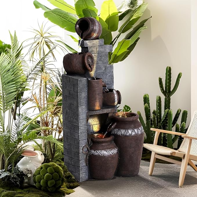 6-Tiers Garden Waterfall Fountain Outdoor - 40''H Water Fountains and Waterfalls, Large Outdoor/Indoor Floor Standing Resin Water Fountain with LED Light for Patio, Garden and Home (Grey)