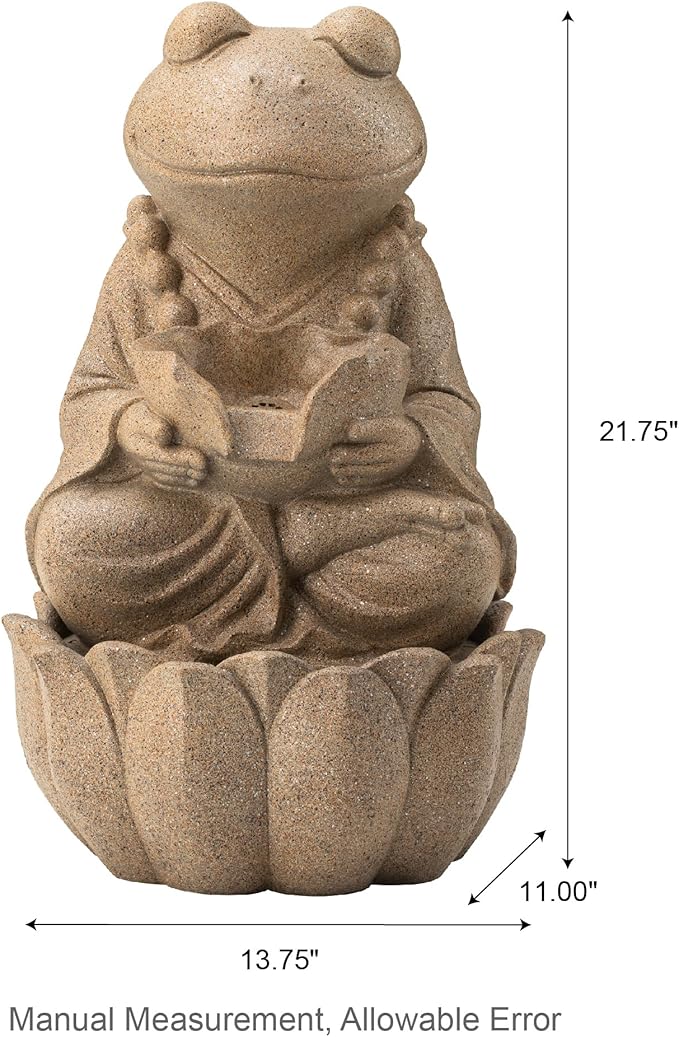 Glitzhome Outdoor Fountains and Waterfalls Zen-Style Frog Water Fountains with LED & Pump, Patio Water Fountain Yard Fountain 2 Tier Floor Waterfall for Backyard Lawn Garden Porch 22" H, Sand Beige