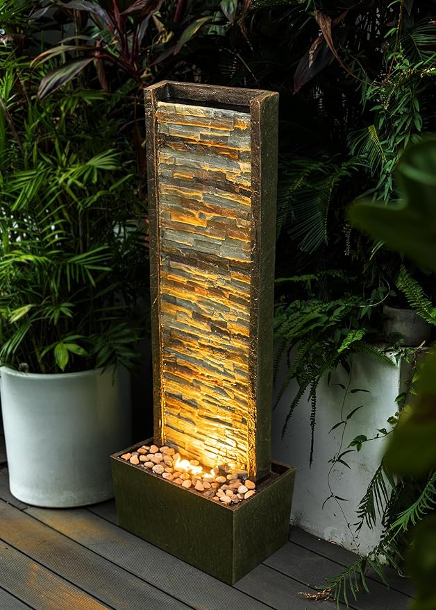 Cheng Pin Indoor Water Fountain -Staggered Stone Wall Design,Create Relaxing Ambiance to Decor Your Living Room,Office,Bedroom Or Outdoor Garden with Waterfall Water Feature and LED Lights,38in. Tall