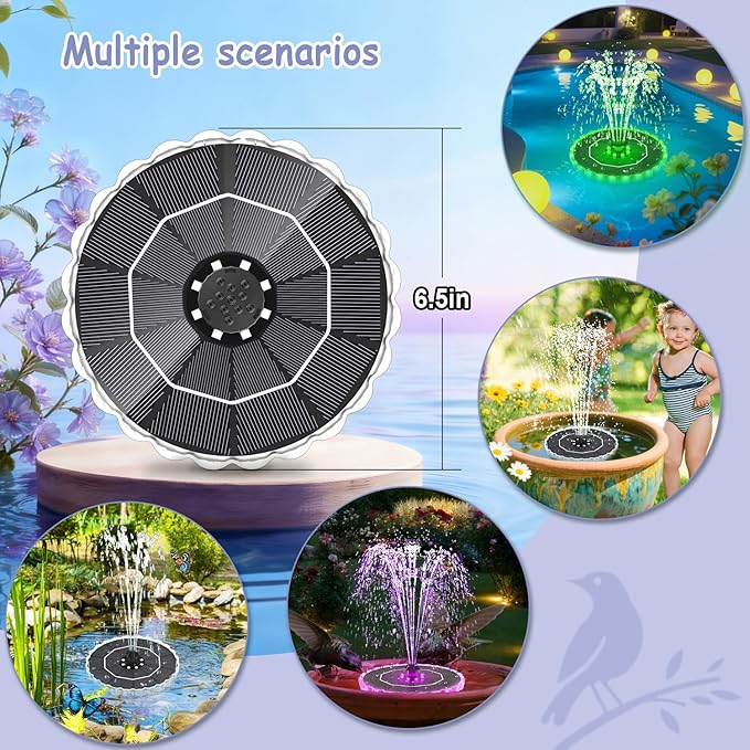 Yzert Solar Fountain Colorful Ring Lights, 2026 3.5W Solar Water Fountain with 2000mah Battery, Solar Fountain Pump for Bird Bath, Pond, Pool, Outdoor