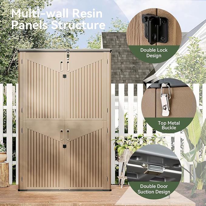 Aoxun Outdoor Storage Shed, 64 Cu.Ft Vertical Storage Sheds Outdoor with Floor, Outdoor Waterproof Storage Cabinet for Garage Storage, Pool Storage (Brown) - Image 8
