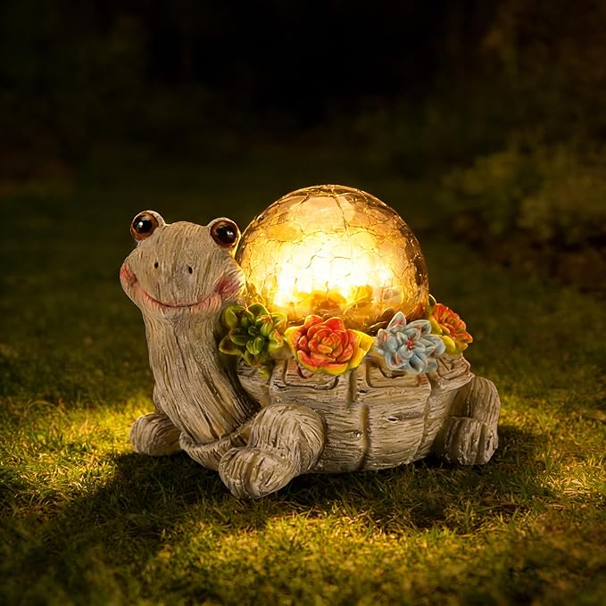 Solar Turtle Garden Statue Lights for Outdoor Decor with Cracked Glass LED Figurine Lighting Resin Succulent Tortoise Decorations Patio Lawn Yard Housewarming Mom Gifts (Grey, Large)