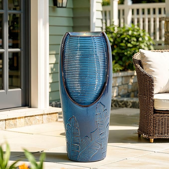 32" H Outdoor Garden Fountain with LED Lights, Modern Ceramic Jar Water Feature, Tropical Leaf Embossed Pattern, Teal Blue Glaze, Soothing Cascading Waterfall for Patio, Yard, Porch