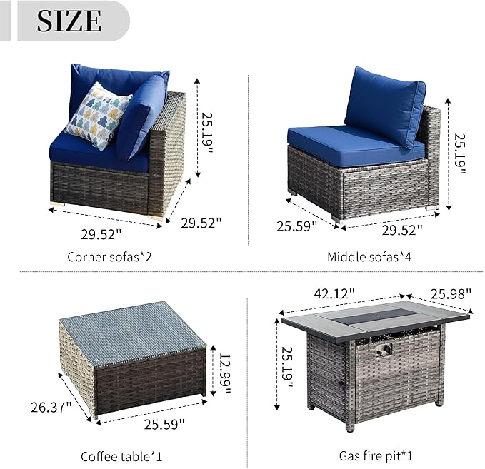 HOOOWOOO 8 Piece Patio Sectional Furniture Set with Fire Pit Table,Modern Wicker Outdoor Conversation Sofa Sets,Weather Resistant Modular L Shaped Outside Couch Set(Black)