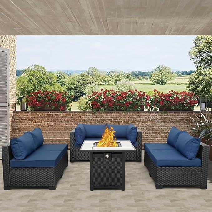 Valita Patio Furniture Set 30 Inches Fire Pit 7-Piece Outdoor Sectional Patio Couch 50000 BTU Steel Propane Fire Pit Table with No-Slip Cushions and Waterproof Cover, Navy Blue