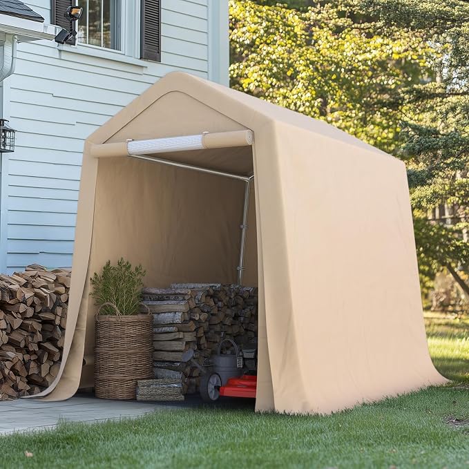ADVANCE OUTDOOR 6x8 ft Outdoor Portable Storage Shelter Shed with 2 Roll up Zipper Doors & Vents Carport for Motorcycle Waterproof and UV Resistant Portable Garage Kit Tent, Beige - Image 8