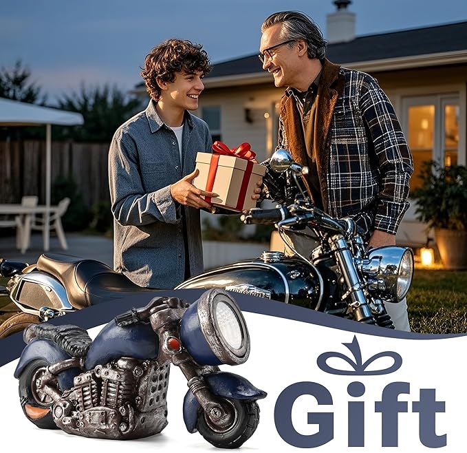 Solar Vintage Style Motorcycle Statue, Resin Rustic Retro Sculpture with LED Lights,Outdoor Art Decor for Garden Courtyard Lawn, Ideal Housewarming、Birthday Gift for Motorcycle Enthusiasts