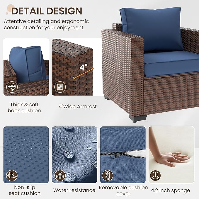 Patio Furniture Set,5 Piece Wide Armrest Outdoor Furniture Chair with 4" Thickened Cushion,Wicker Patio Conversation Sets with Waterproof Covers for Backyard, Porch(Navy Blue)
