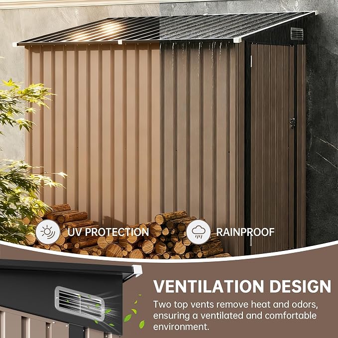 4x6 Lean to Yard Storage Shed, Outdoor Lean to Storage Sheds, Metal Wall Side Bike Shed with Lockable Door for Tool Garden Sheds for Patio Lawn Yard, Brown - Image 7