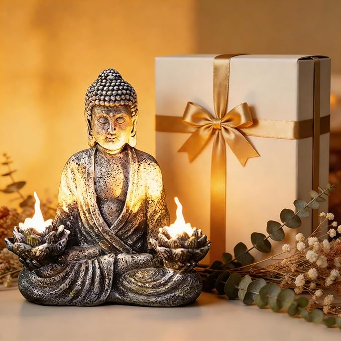 Buddha Statue Zen Sculpture 11.4in Yoga Garden Decor with LED Solar Lotus Lights, Sitting Meditating Buddha Serene Resin Figurine for Patio Yard Lawn Ornaments,Inside or Outside