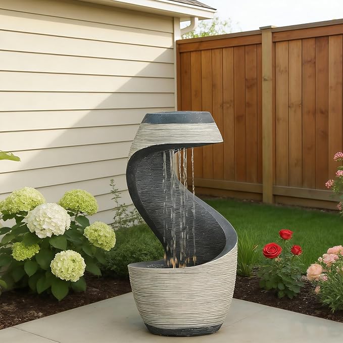 37" H S-Curve Waterfall Fountain, Floor-Standing Outdoor Water Fountain with Light, Modern Garden Water Feature Outdoor Rainfall Indoor Waterfall Feature for Patio Garden Decor