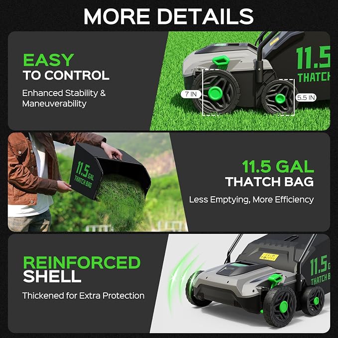 TIECTOWN 14-Inch 13.5 Amp 2-in-1 Electric Dethatcher and Scarifier with 11.5-Gallon Collection Bag, Lawn Dethatcher with 5-Position Depth Adjustment, Blade Replacement Without Tool - Green - Image 6