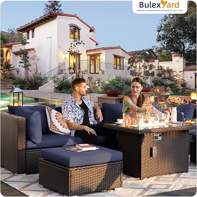 BULEXYARD 7 Pcs High Back Patio Furniture Set with Fire Pit Table Propane/Natural Gas Dual Fuel, Durable Outdoor Sectional Couch, Cozy Backyard Seating for Exterior, Brown Wicker & Navy Blue Cushion