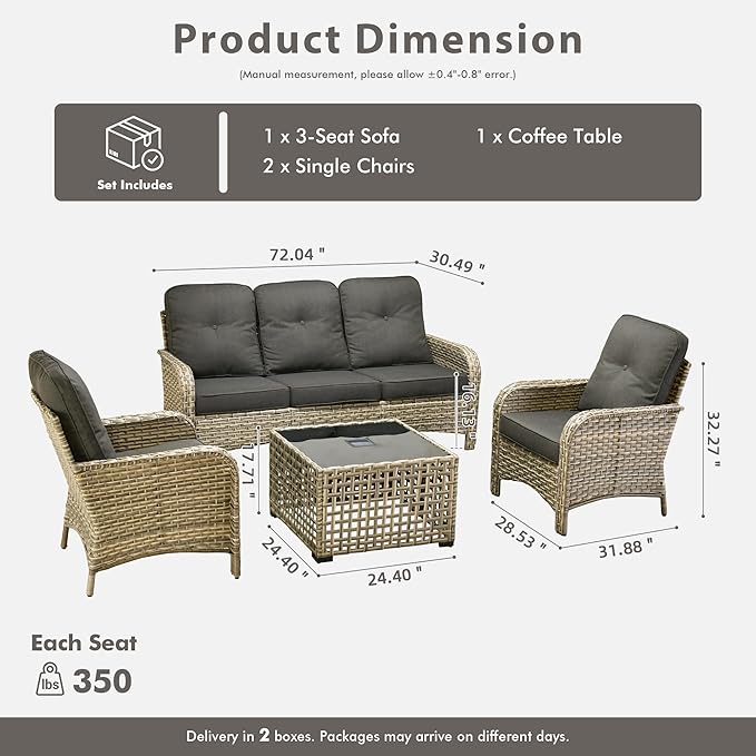 HOOOWOOO Outdoor Patio Furniture Set with Light Table,4 Pieces Wicker Conversation Set,All Weather High Back Couch Sofa Chairs Set,Black