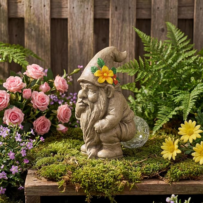 Funny Garden Gnomes Outdoor, Quirky Gnome Statue with Solar Powered for Yard Patio Lawn, Unique Gnomes Gift for Friends Garden Lovers