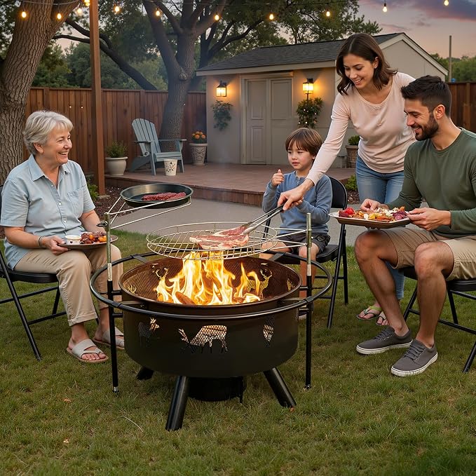 NATURAL EXPRESSIONS 32 Inch Outdoor Fire Pit, Wood Burning Fire Pits with 2 Grills, Poker, Brushes, Ash Pan, Mesh Cover, Waterproof Cover, Charcoal Fire Pit for BBQ, Patio, Bonfire, Heat&Cook - Image 8