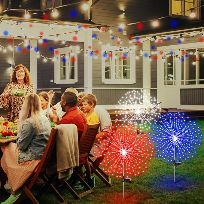 9 Pcs 4th of July Solar Firework Stake Lights 180 LED 8 Modes Solar Waterproof LED Sparkler Lights Outdoor Patriotic Decoration for Memorial Independence Day Garden Patio Yard (Red, Blue, White)