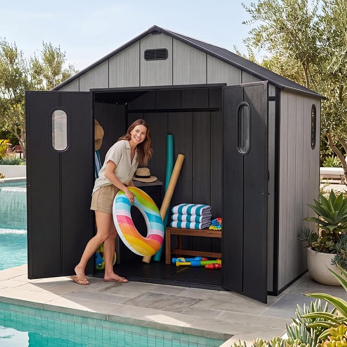 Domi 8x6Ft Resin Outdoor Storage Shed with Floor, Plastic Garden Storage Shed, Outside Weatherproof Storage Building for Tools, Bike, Lawn Mower, Patio, Backyard - Image 9