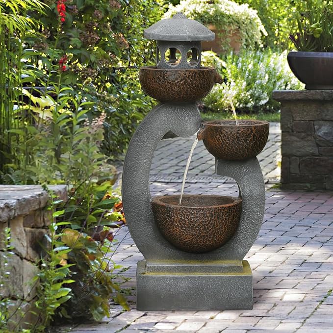 36 inches Water Fountain Outdoor Solar Powered Zen Pagoda Garden Japaness Modern Tranquil Waterfalls Fountains Landscaping Cascading Bowls on Patio Yard Porch Deck Balconies Lawns, Gray