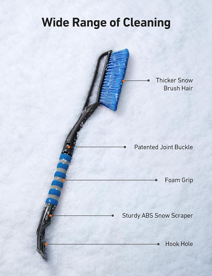 AstroAI 2 Pack 27" Snow Brush and Ice Scrapers for Car Windshield, Detachable Snow Scrapers with Ergonomic Foam Grip for Cars, Trucks, SUVs (Heavy Duty ABS, PVC Brush, Orange) - Image 7