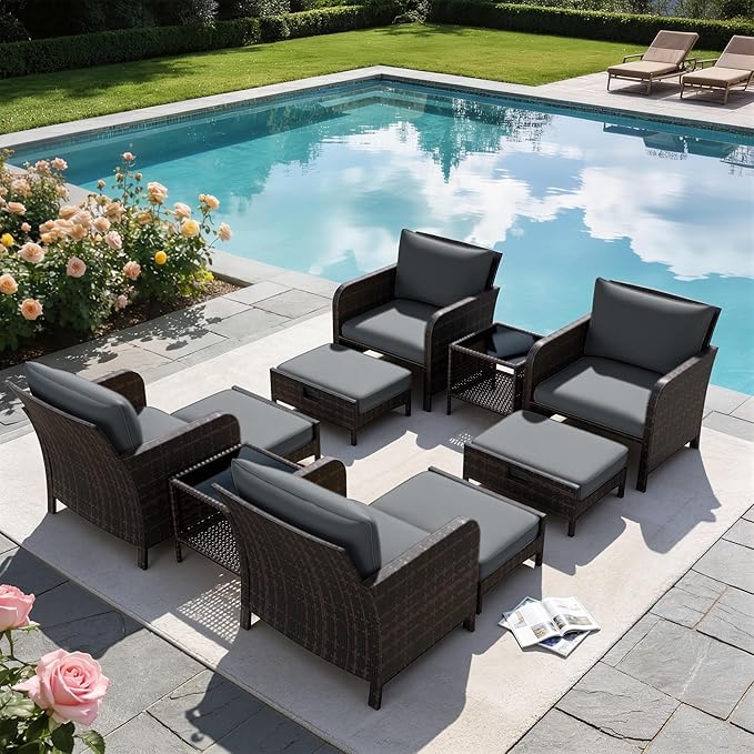 LEVELEVE Patio Conversation Set 5 Piece, Balcony Furniture Outdoor PE Rattan Wicker Lounge Chairs with Soft Cushions, 2 Ottomans & Glass Table for Porch Lawn, Brown (Dark Grey Cushions