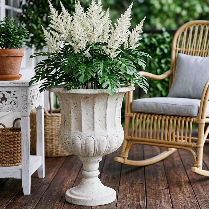 Worth Garden 25" H. Metal Urn Planters 2-Pack - White Classic Antique Iron Plant Pots - Large Decorative Rustic Flower Pots for Outdoor Use - Traditional Urn Planter for Patio, Front Porch