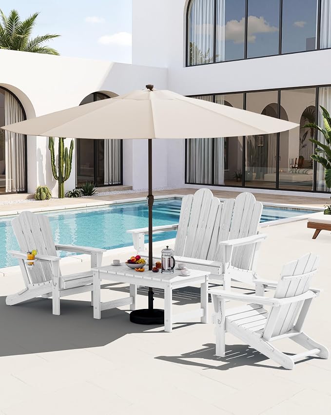 SERWALL Outdoor Coffee Table with 9FT Umbrella, HDPE Patio Coffee Table for Outside, Rectangle, White(Not Include Umbrella Base) - Image 10