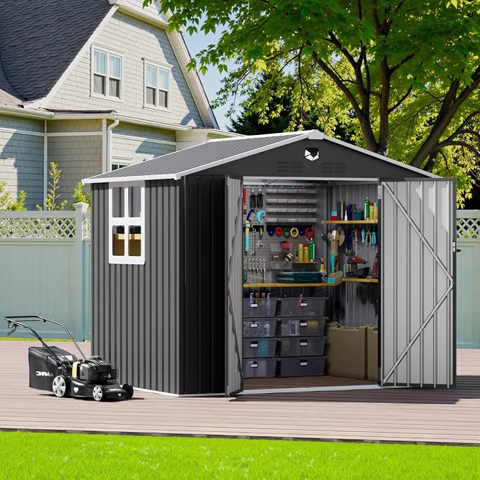 8x6 FT Outdoor Storage Shed, Metal Garden Shed - Tool Storage Sheds with Lockable Doors & 1 Clear Window, Waterproof Outside Storage Building for Backyard, Patio (Black; Floor Not Included) - Image 9