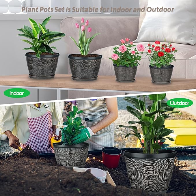 Quarut 4 Pack 6 Inch Flower Pots for Outdoor Indoor, Plastic Plant Pots with Drainage Hole & Saucer, Lightweight Small Flower Pot, Circle Pattern Planters for Garden House planters???Brown???