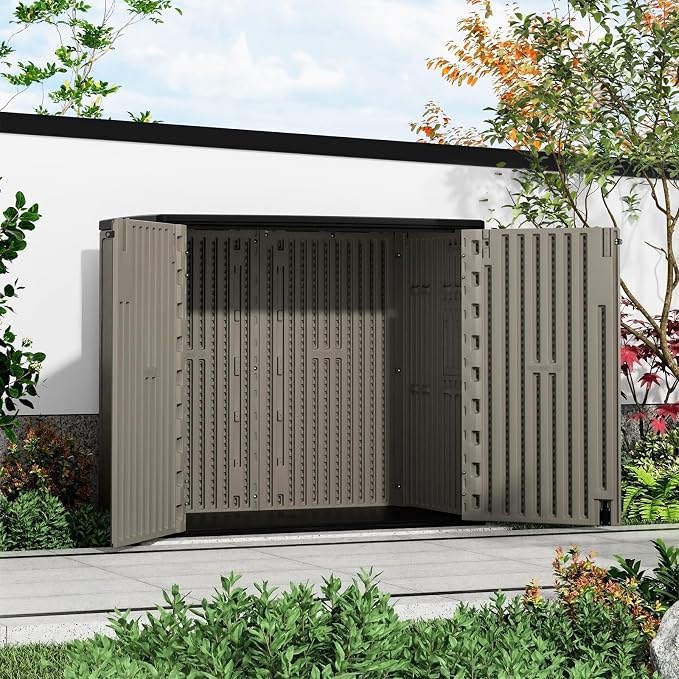 ZZM 37 Cu.ft Outdoor Storage Shed Double-Wall HDPE Storage Cabinet, Waterproof Plastic Sheds with Floor Horizontal Lockable Garden Tools Trash Can, Lawn Mower, Bike Storage, Brown - Image 6