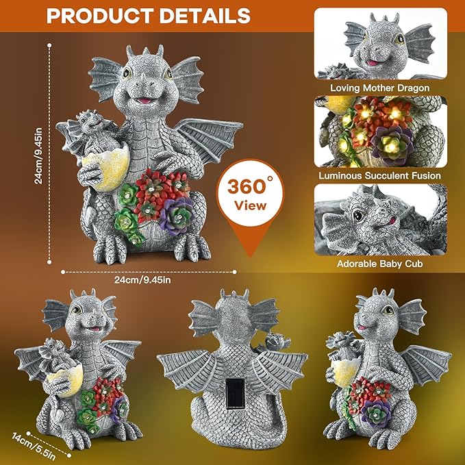 UZER Dinosaur Garden Dragon Statue Outdoor Decor for Patio, Cute Dinosaur Figurine with Solar Light, Yard Art Decoration Resin Ornament for Indoor Home Outdoor Patio Lawn,Birthday Gifts for Mom