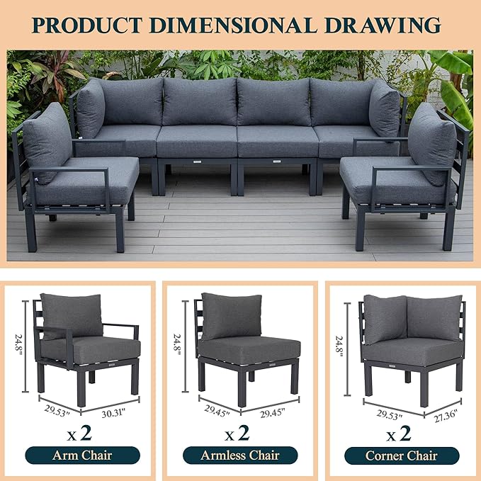 LeisureMod Outdoor Patio 7-Piece Conversation Set, Aluminum Sectional & Black Cushions with Coffee Table