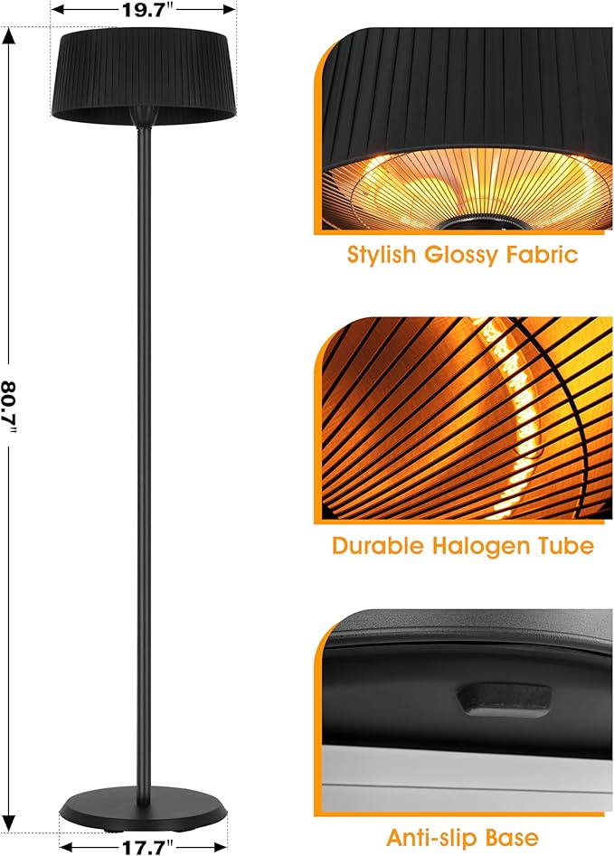 Electric Outdoor Heater for Patio, 1500W Infrared Heater for Indoor & Outdoor, IP55 Waterproof, Fast Heating, Tip-Over Protection, Perfect for Garden, Balcony, Garage (black, freestanding)