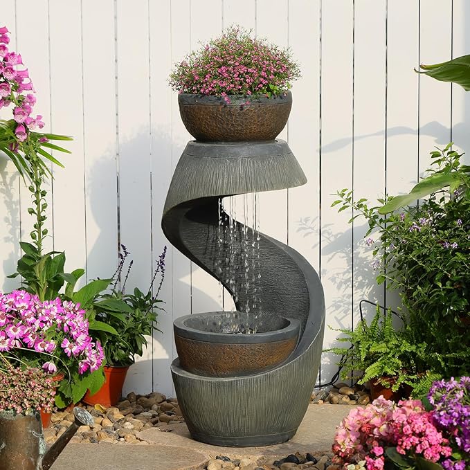 Outdoor Water Feature Patio Fountain with LED Lights, 31.9" Resin Garden Waterfall Fountain Outdoor, Modern S-Shaped Bowl Design Water Feature for Porch, Garden, Yard, Home Decor, Grey