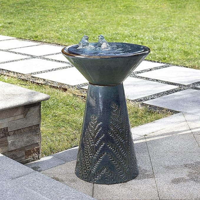 Glitzhome 27.5" H Ceramic Garden Water Fountain with LED Light and Pump Bird Bath Fountain Outdoor Turquoise Embossed Pattern Pedestal Freestanding Water Fountain for Yard Floor Patio Backyard