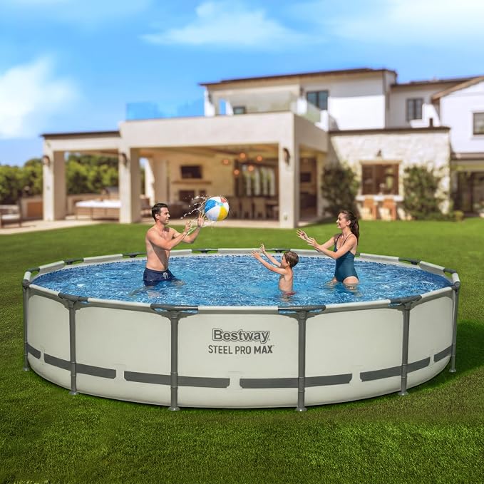 Bestway Steel Pro MAX 14' x 33" Round Above Ground Swimming Pool Set, 530 GPH Filter Pump, Tritech Puncture Resistant Liner, ClickConnect Steel Frame, Gray - Image 9