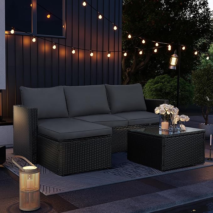 SUNLEI 3-Piece Patio Sectional Sofa, Outdoor PE Rattan Patio Conversation Sofa Set with Detachable Soft Cushions, Patio Furniture Set with Glass Coffee Table & Ottoman, Black Rattan/Grey