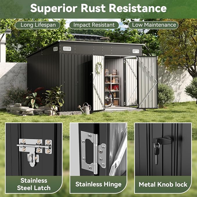 Aoxun 9.4' x 7.3' Shed 360 CU.FT Outdoor Waterproof Storage Shed with Triple Lockable Door Garden Metal Tool Shed for Outside - Image 8