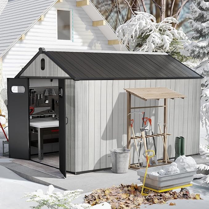 Domi 8X12FT Resin Outdoor Storage Shed, Plastic Garden Shed with Carpet, All Weather Outside Storage Building for Lawn Mower, Tools, Bike, Backyard - Image 9