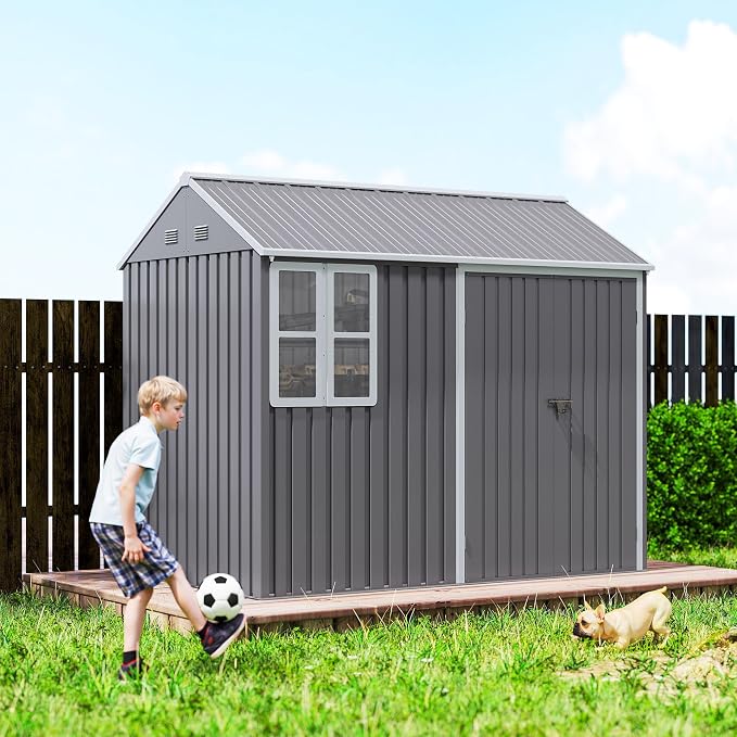 Outsunny 8' x 5.5' Outdoor Storage Shed, Metal Garden Shed with Window & Double Lockable Door, Outdoor Tool Shed Storage with Sloped Roof for Backyard, Patio, Garage, Lawn, Gray - Image 9
