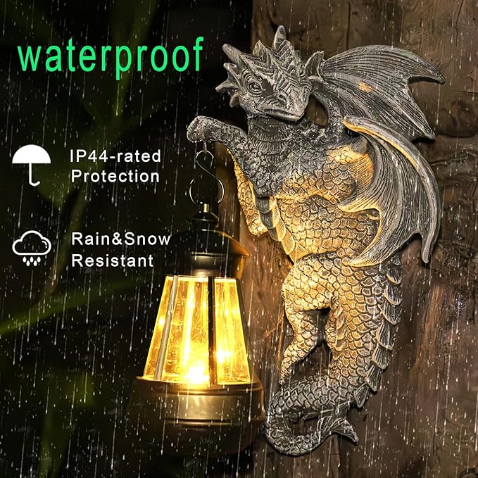 Solar Dragon Statue Outdoor Garden Decor - Medieval Fantasy Yard Art, Whimsical Lawn Ornaments, Unique Decorations Outdoor & Gifts, Weather-Resistant Animal Figurine Gift with Handmade Look