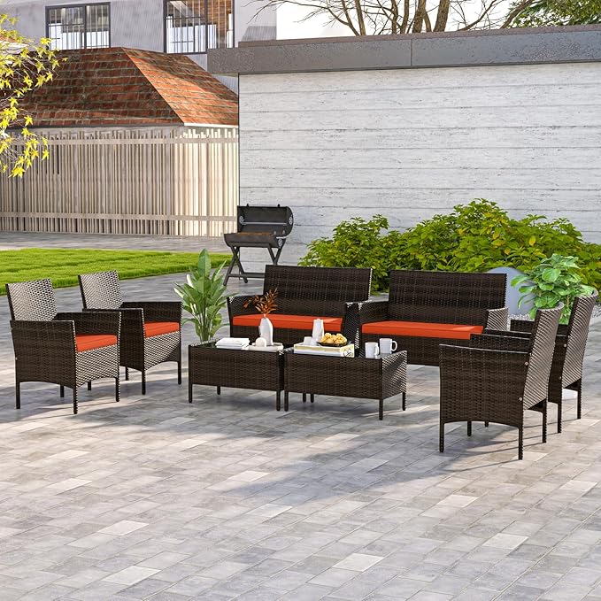 KOTEK 8 Piece Patio Furniture Set, Outdoor Rattan Conversation Set with Loveseat, Wicker Chairs, Tempered Glass Coffee Table, Wicker Patio Set for Backyard, Porch (Orange)