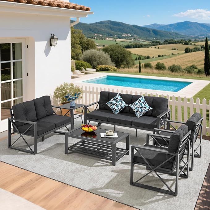 6 Pieces Outdoor Patio Furniture Set, Metal Porch Furniture Set, Outdoor Sectional Conversation Set w/Coffee Table & Side Table for for Poolside, Balcony, Yard, Gray