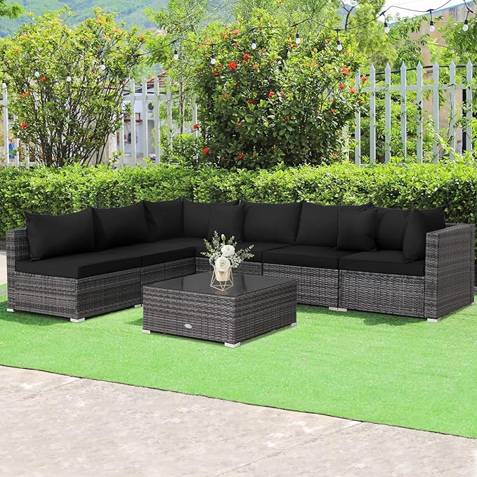 Tangkula 7 Piece Patio Wicker Furniture Set, Outdoor Rattan Sectional Sofa Set for 6 with Seat & Back Cushions, 2 Throw Pillows, Sofa Fastener Clips, for Backyard, Poolside, Deck and Garden (Black)