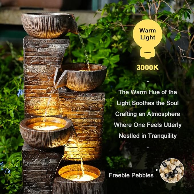 38.2" Tall Outdoor Water Fountain,Stone Texture Modern 4 Tiers Cascading Bowls Garden Fountains Outdoor,Suit for Patio, Deck, Porch, Lawns, Backyard and Home Art Decor