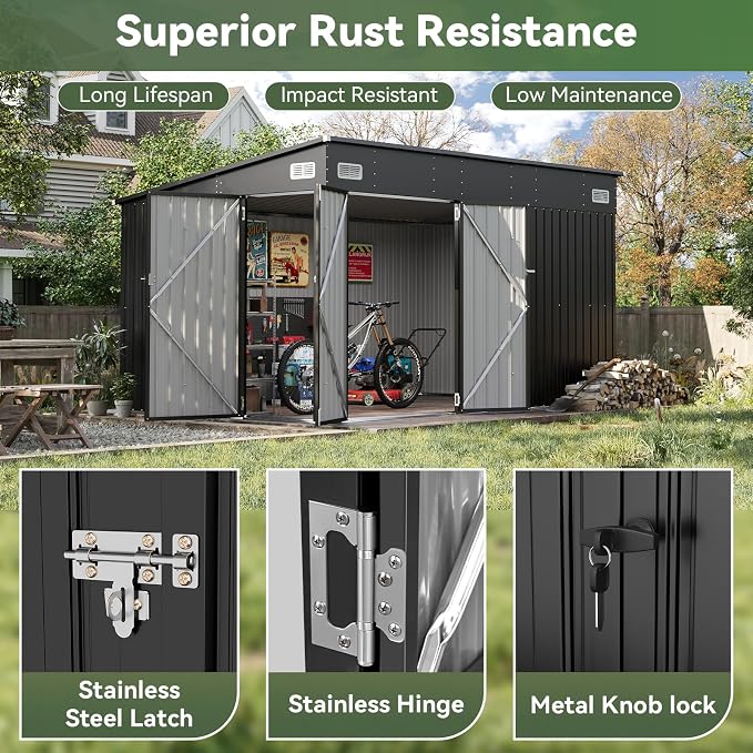 Aoxun 12' x 7.3' Shed 441 CU.FT Outdoor Waterproof Storage Shed with Triple Lockable Door Garden Metal Tool Shed for Outside (Black) - Image 9