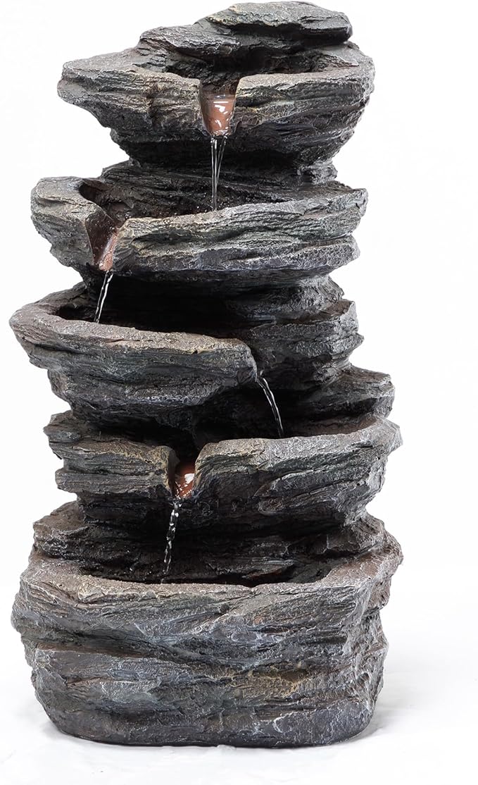 19.7" Tall Outdoor Water Fountain, 5 Tier Cascading Bowls and Stacked Water Fountain with LED Lights, for Yard Décor, Backyard, Patio and Deck (19.7'')