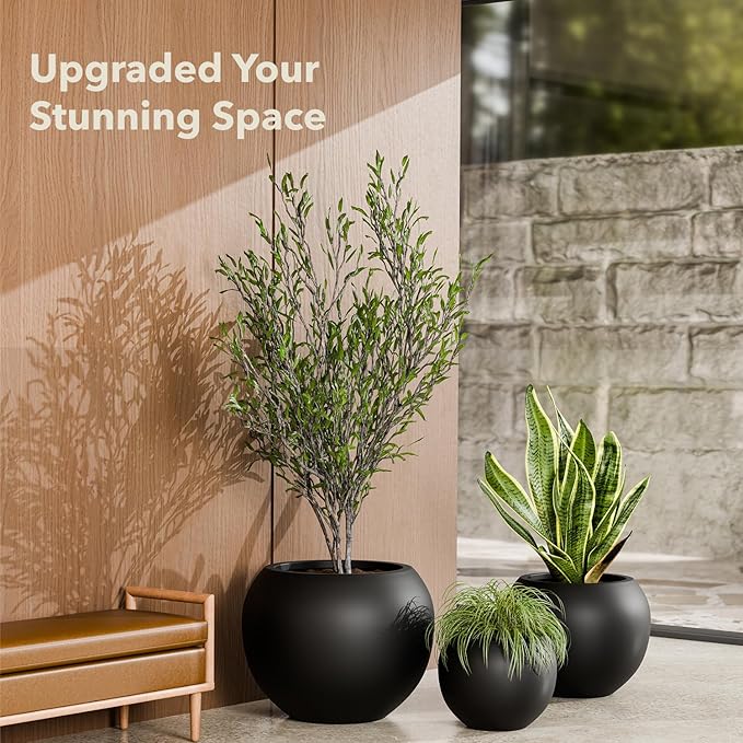 9.7" H x 12" D Premium Globo Fiberstone Round Planter with Drainage Hole, Smooth Finishes, Weather Resistant for Indoor and Outdoor Use, Included 2 Extra Coco Mats (Black, 7.8" Pot Opening)