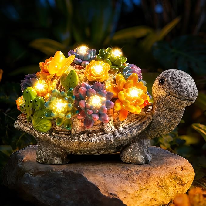 Solar Garden Statues, Outdoor Solar Turtle Decor with Succulent and 8 LED Lights, Outside Yard Figurine Decor for Garden, Lawn, Patio, Balcony, Porch, Unique Gifts for Mom Grandma